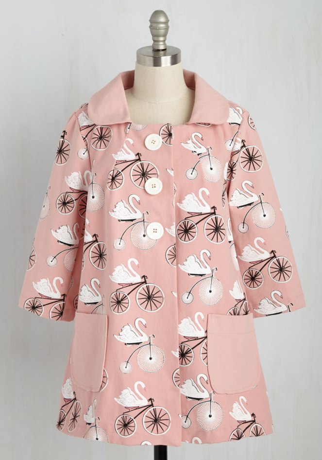 Pastel Carousel | Monday Must Haves | Sweet Spring Novelty Prints | Pink Swan and Penny Farthing Coat | ModCloth